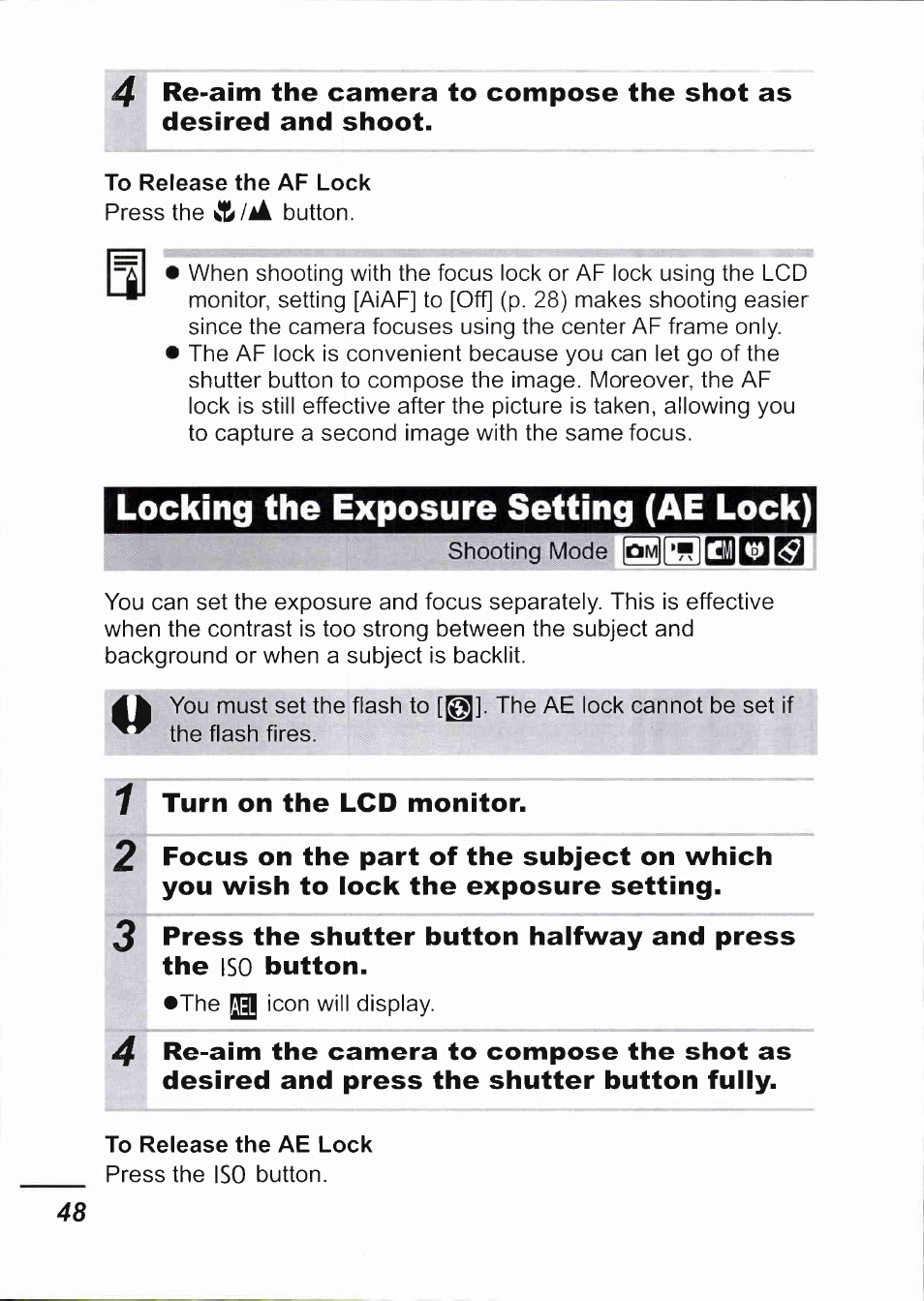 The exposure setting (ae lock), 1 turn on the lcd monitor, Locking the exposure setting (ae lock) | Canon IXUS 750 User Manual | Page 50 / 126