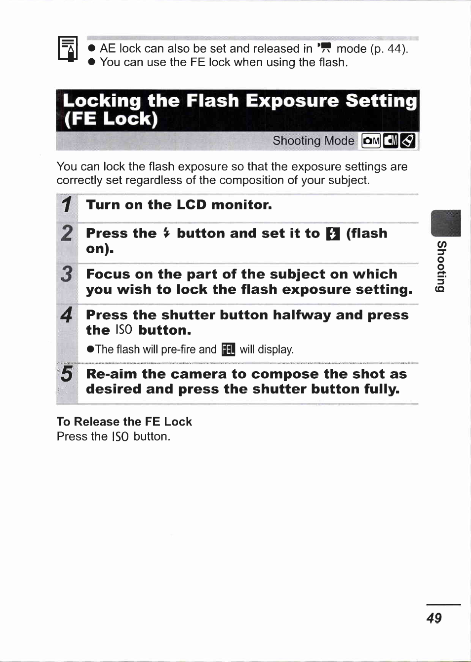 Locking the flash exposure setting (fe lock) | Canon IXUS 750 User Manual | Page 51 / 126