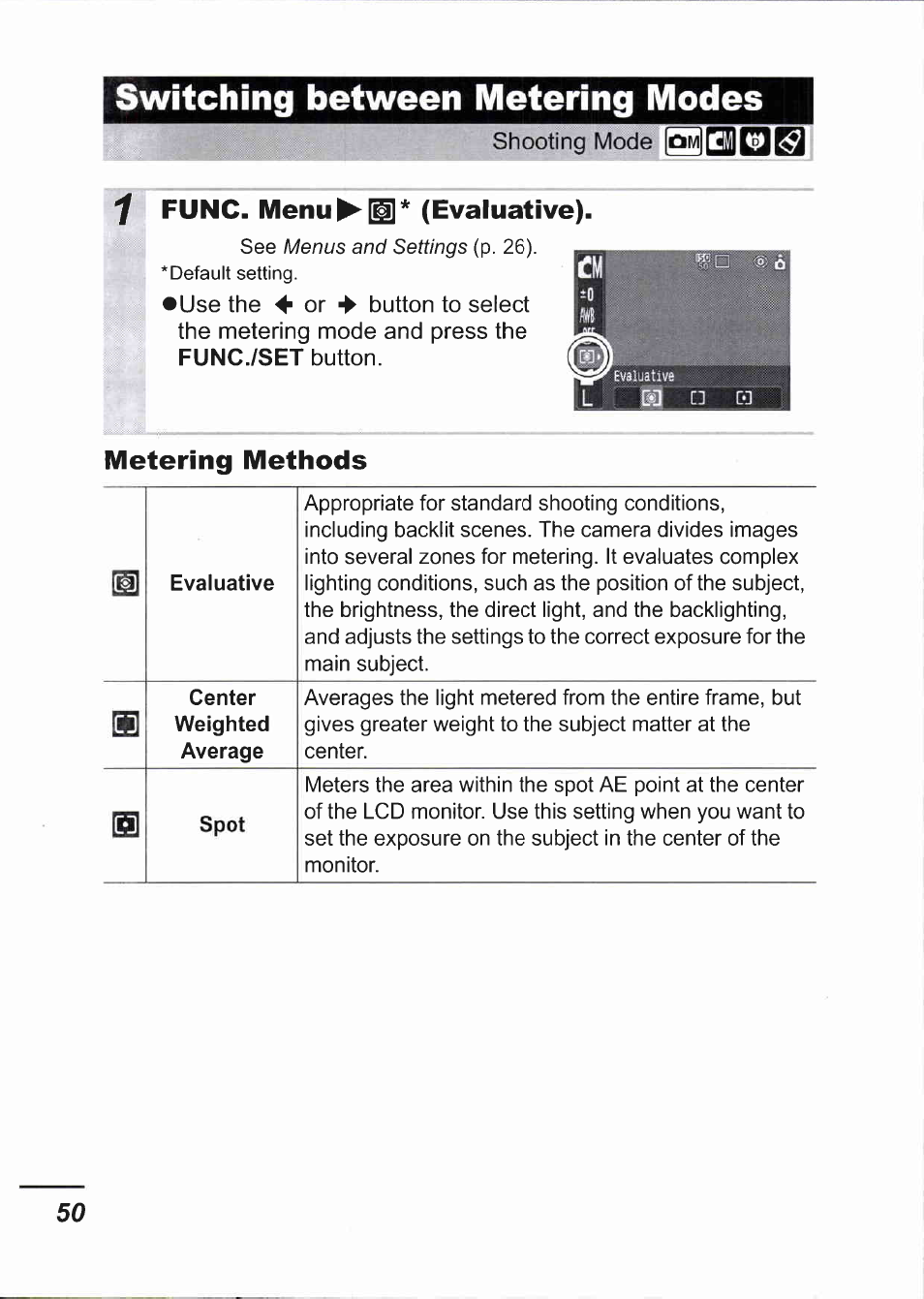 Switching between metering modes, Evaluative), Metering methods | I func. menu^ (evaluative) | Canon IXUS 750 User Manual | Page 52 / 126