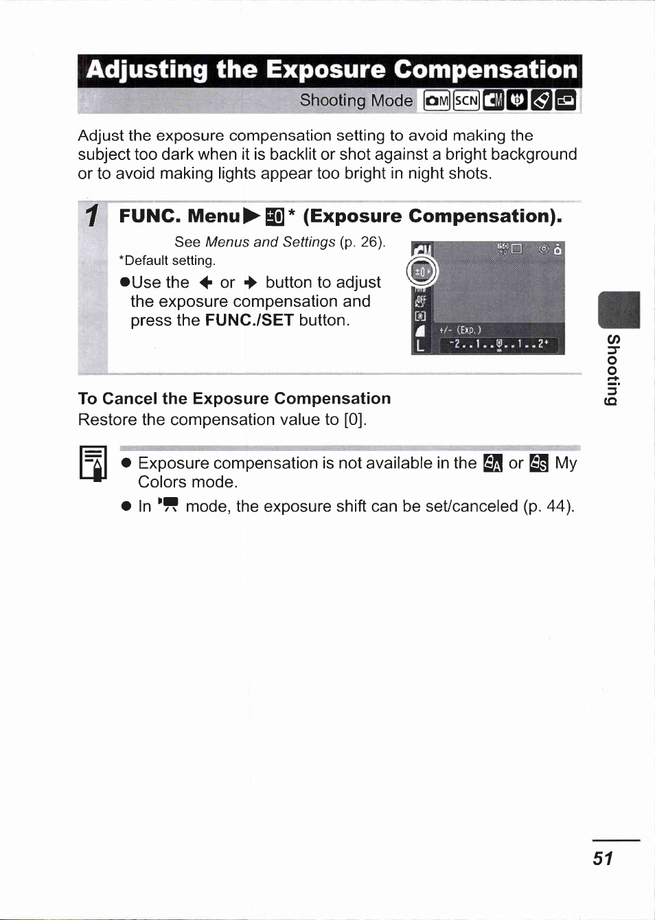 Adjusting the exposure compensation, 6^ ha, 1 func. menu^^* (exposure compensation) | Canon IXUS 750 User Manual | Page 53 / 126
