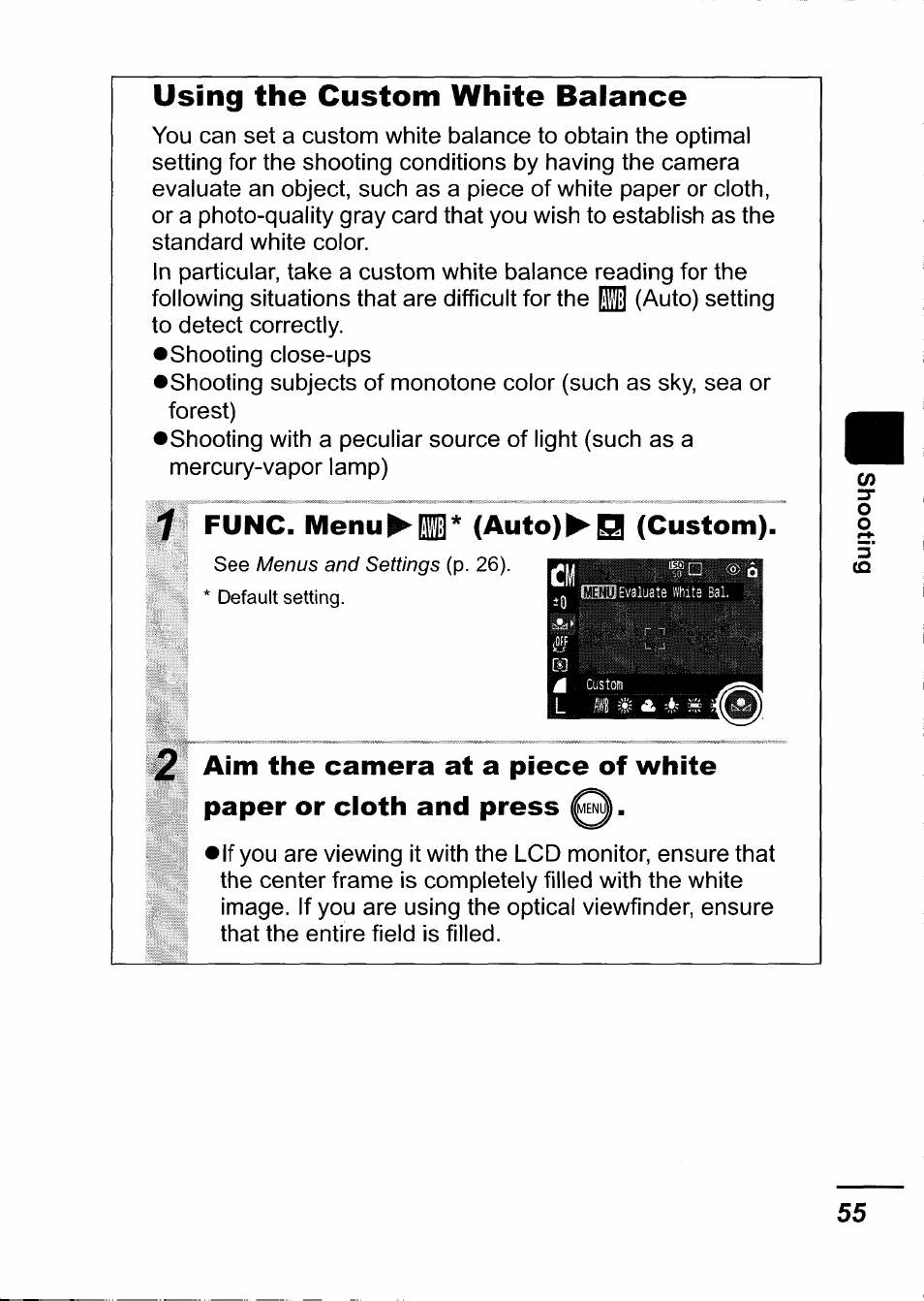 Using the custom white balance, 7 func. menu^b* (auto)^q (custom) | Canon IXUS 750 User Manual | Page 57 / 126