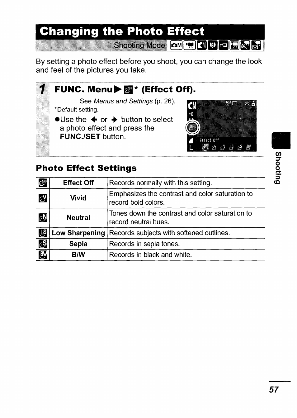 Changing the photo effect, Func. menu^^* (effect off), Photo effect settings | Func./set | Canon IXUS 750 User Manual | Page 59 / 126