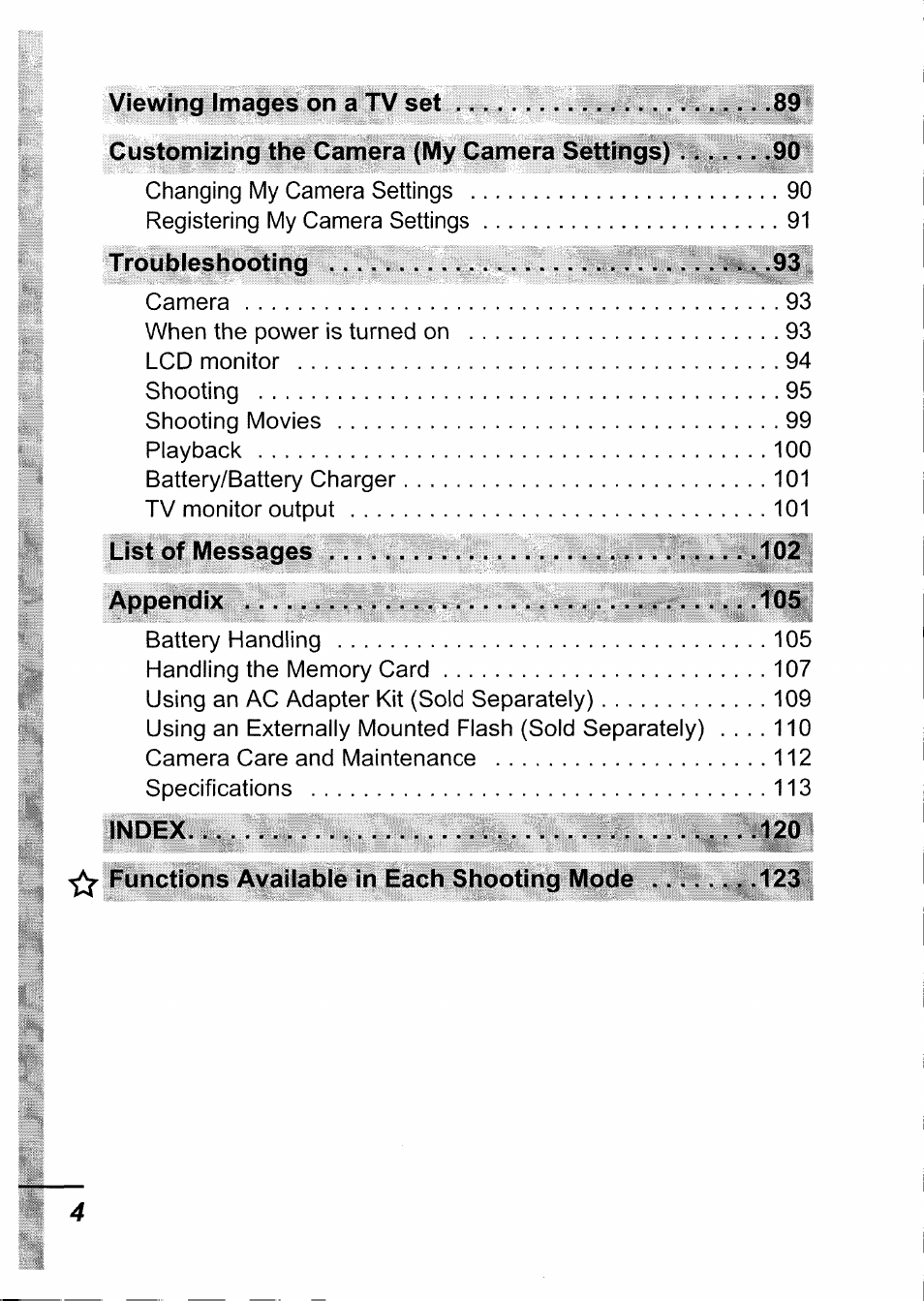 Troubleshooting, List of messages appendix, Index ^ functions available in each shooting mode | Canon IXUS 750 User Manual | Page 6 / 126