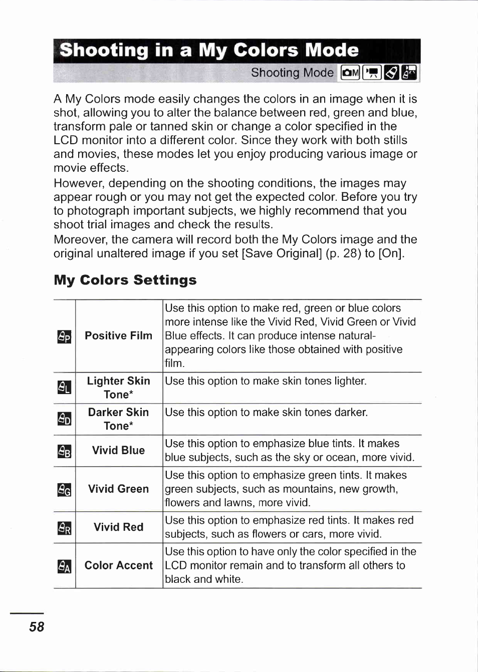 Shooting in a my colors mode, My colors settings | Canon IXUS 750 User Manual | Page 60 / 126