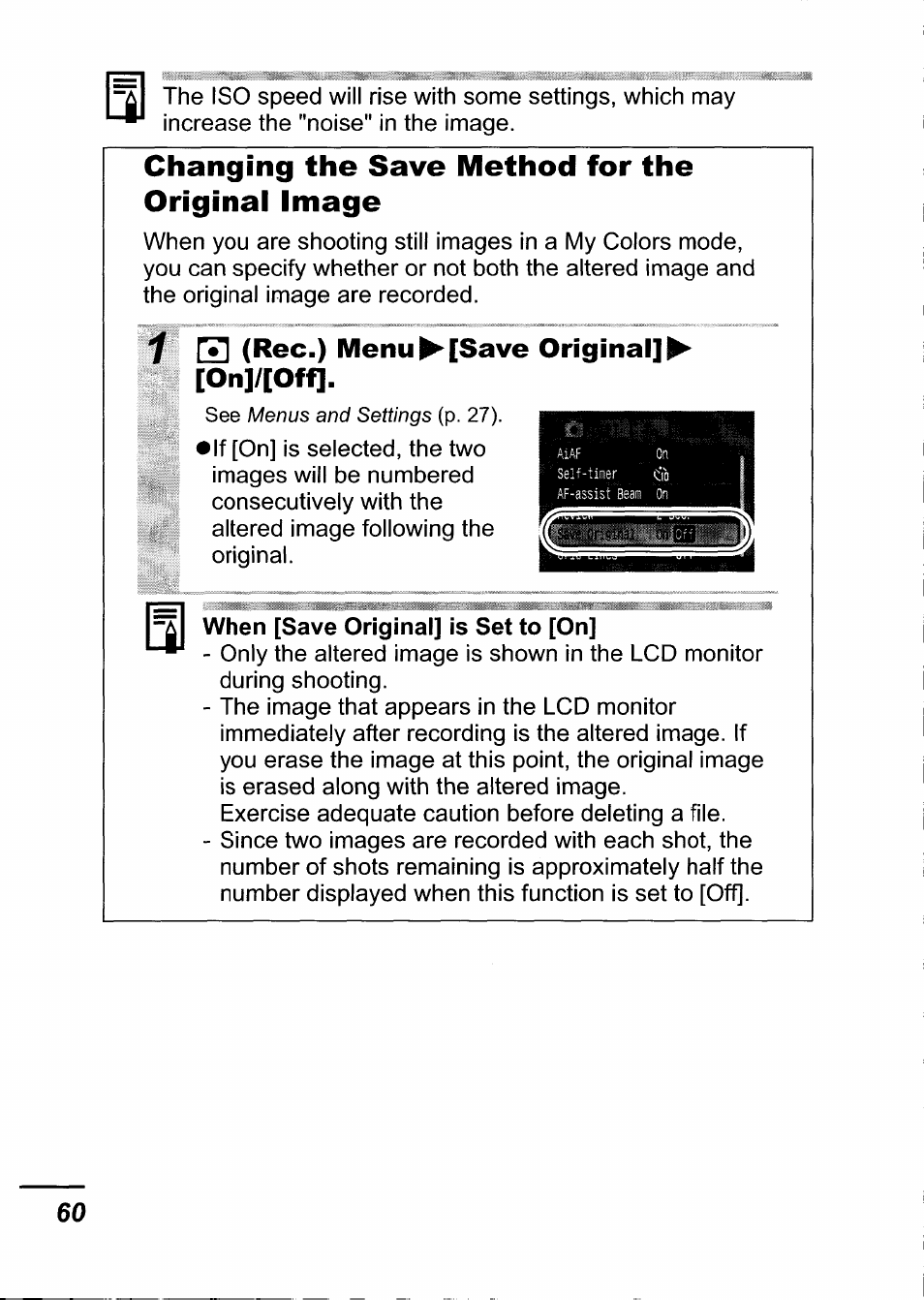Changing the save method for the original image, M (rec.) menu^[save original]^ [on]/[off, M(rec.) menu^[save original]^ [on]/[off | When [save original] is set to [on | Canon IXUS 750 User Manual | Page 62 / 126