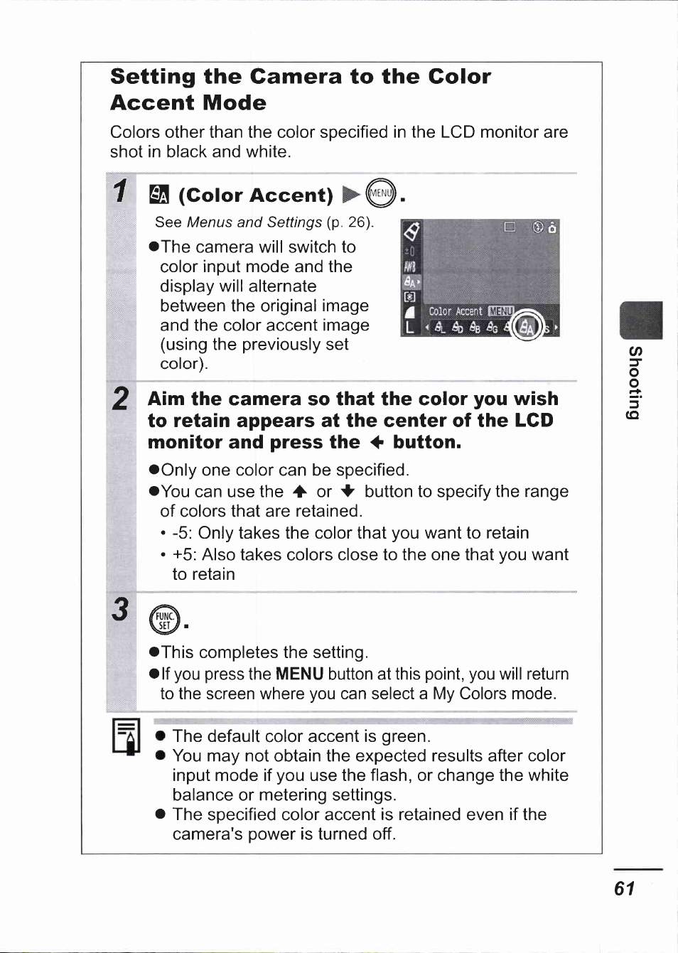 Setting the camera to the color accent mode, Color accent) | Canon IXUS 750 User Manual | Page 63 / 126