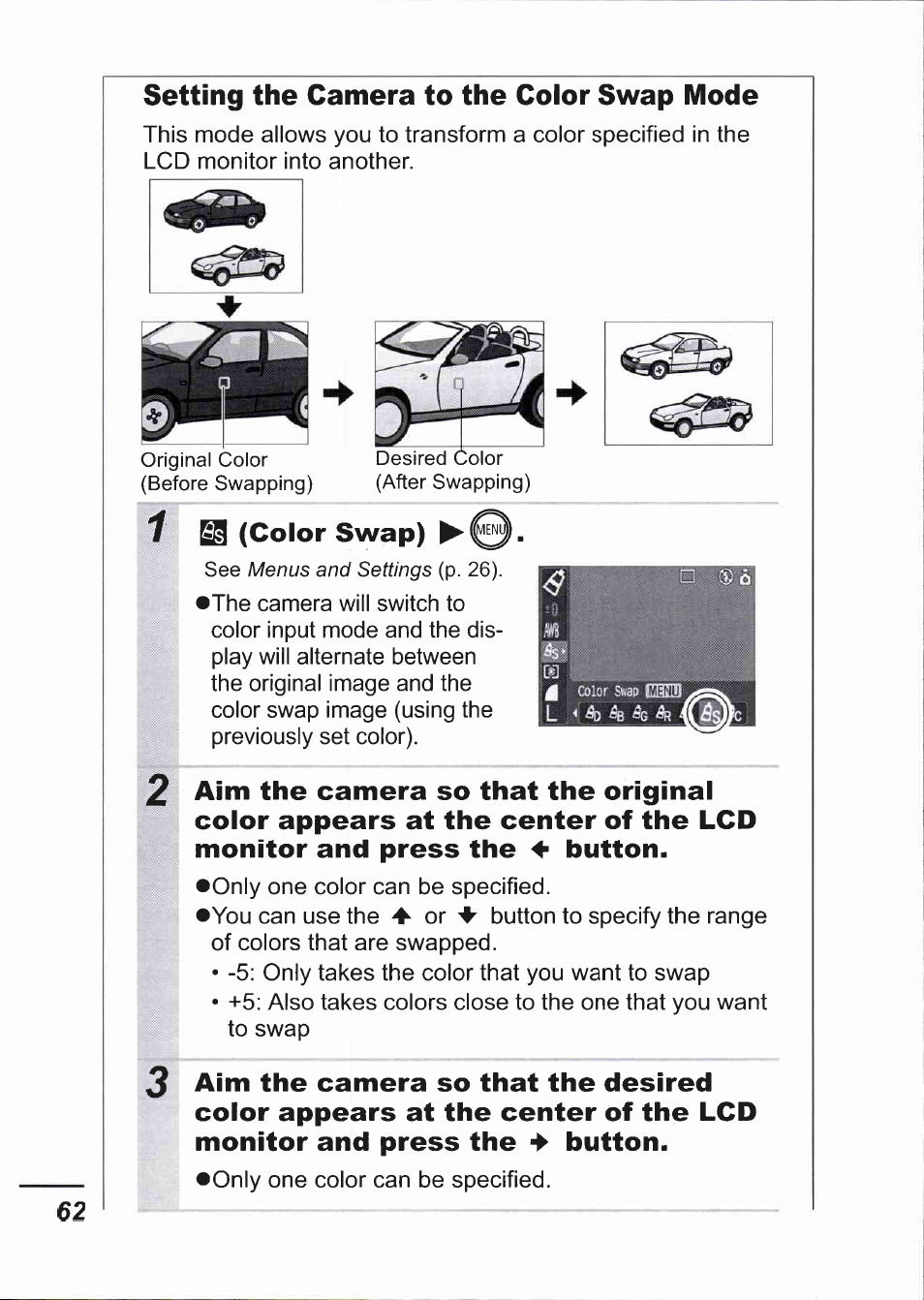 Setting the camera to the color swap mode, Gs (color swap) | Canon IXUS 750 User Manual | Page 64 / 126