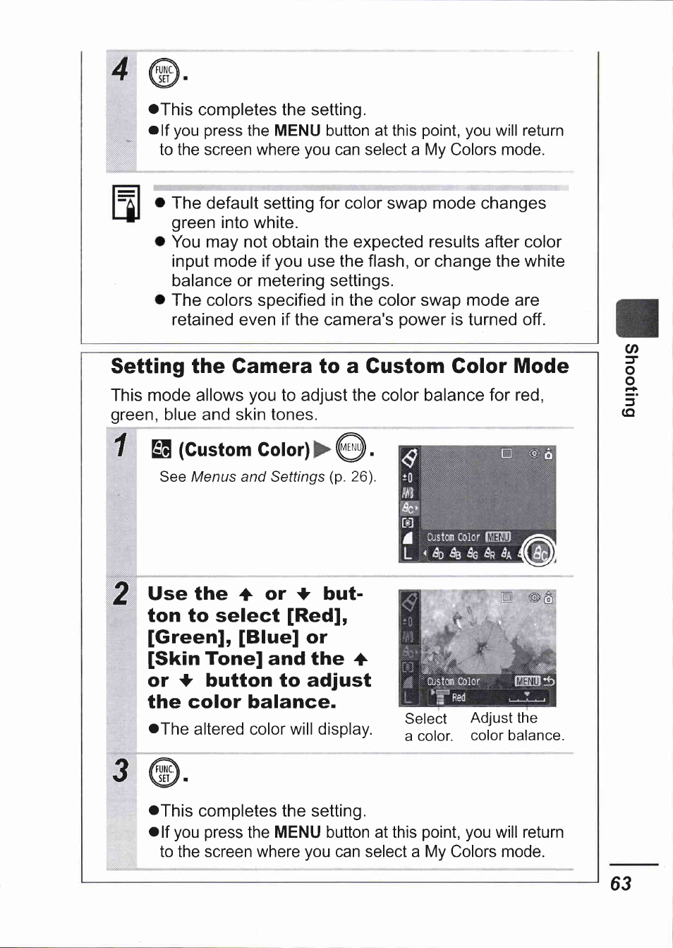 Setting the camera to a custom color mode, Custom color) | Canon IXUS 750 User Manual | Page 65 / 126