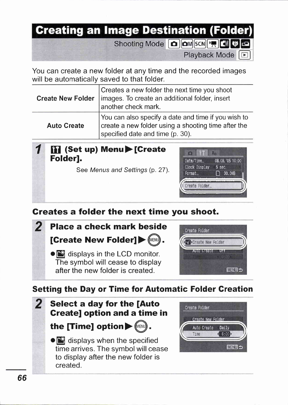 Creating an image, Folder), 1 q] up) menu ^ [create folder | Creates a folder the next time you shoot, 2 place a check mark beside, Create new folder, The [time] option ^ (w, Q] up) menu ^ [create folder | Canon IXUS 750 User Manual | Page 68 / 126
