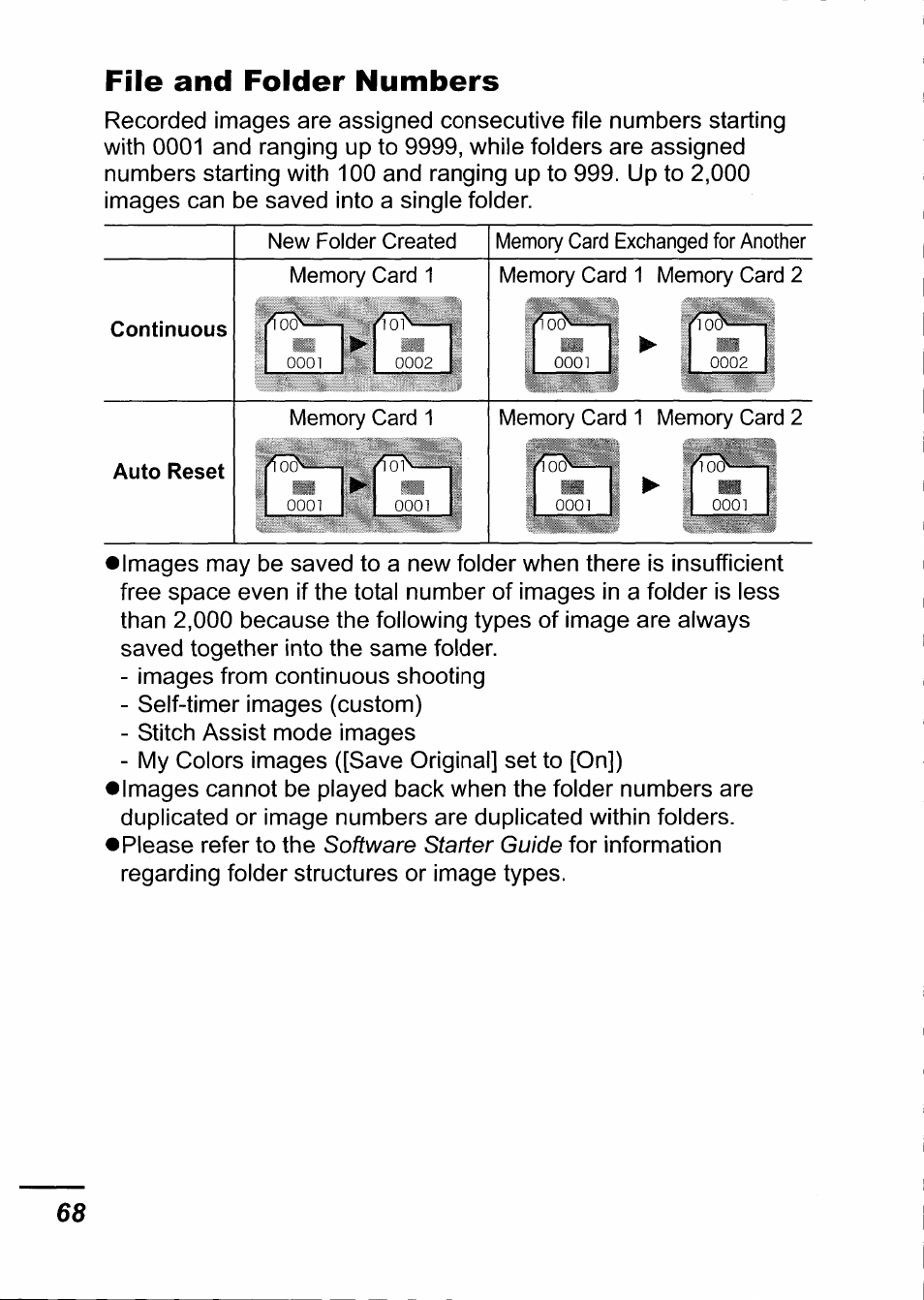 File and folder numbers, Continuous auto reset | Canon IXUS 750 User Manual | Page 70 / 126