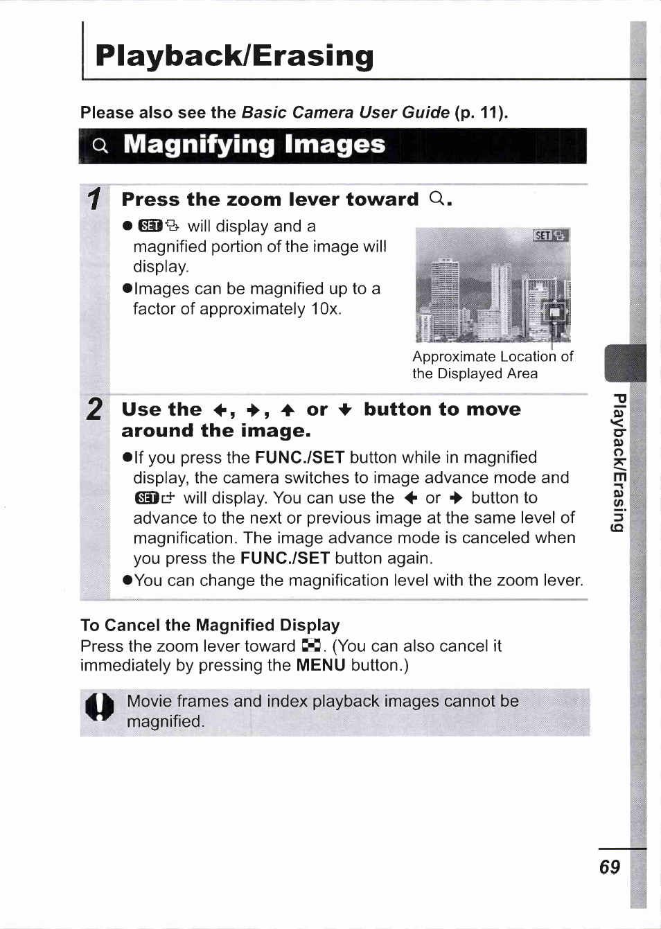 Playback/erasing, Q magnifying images, Press the zoom lever toward q | Use the 4, 4^ or 4 button to move, Around the image, Use the 4, 4^ or 4 button to move around the image | Canon IXUS 750 User Manual | Page 71 / 126