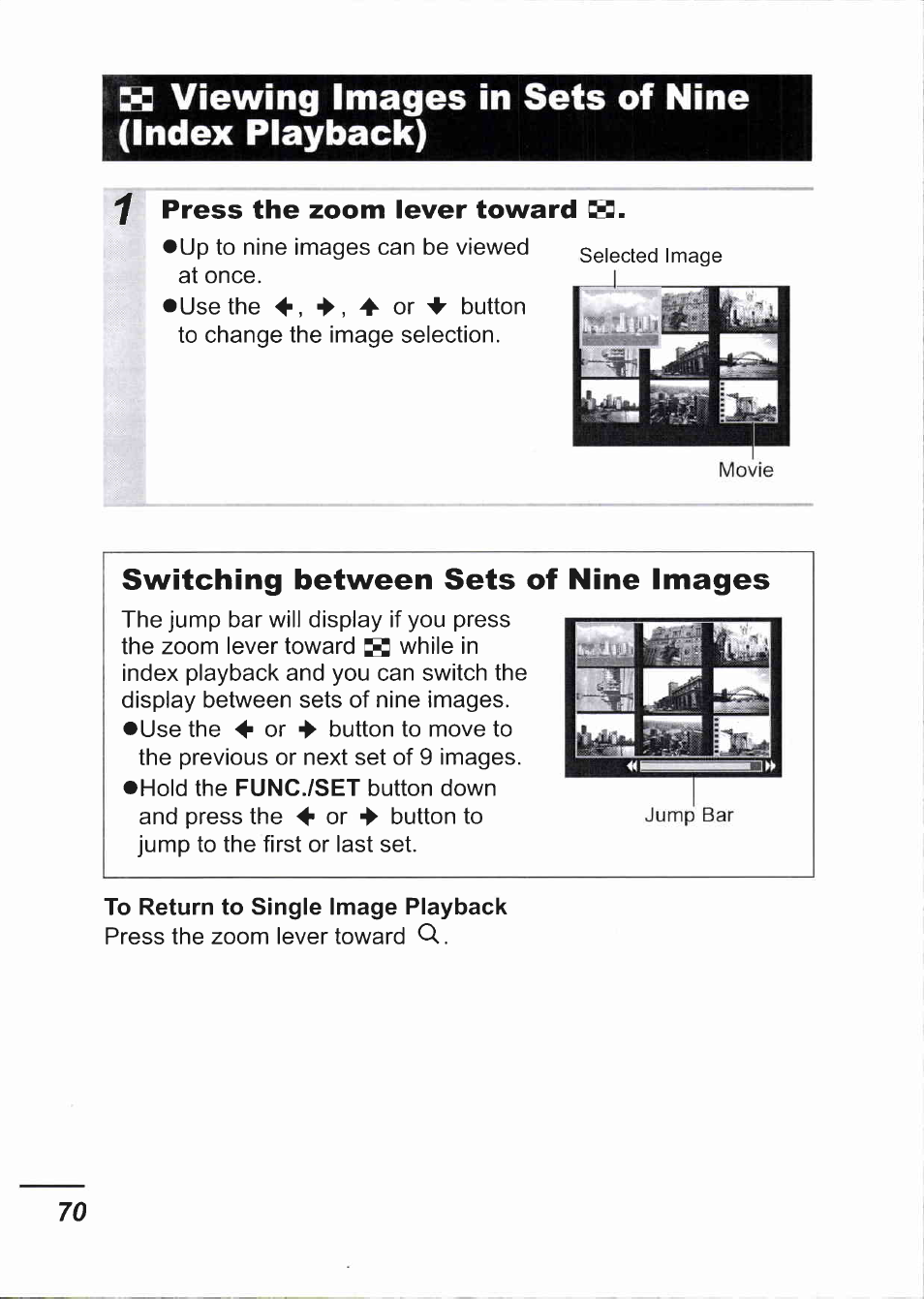 Viewing images in sets of nine (index playback), Press the zoom lever toward, Switching between sets of nine images | K viewing images in sets of nine (index playback) | Canon IXUS 750 User Manual | Page 72 / 126