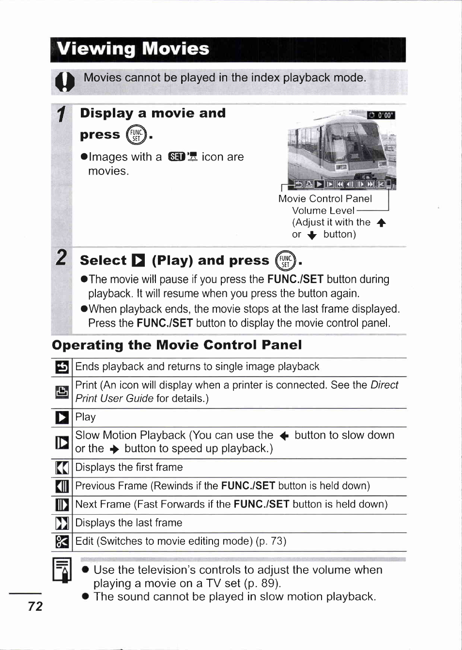 Viewing movies, Display a movie and press, Select □ (play) and press | Operating the movie control panel | Canon IXUS 750 User Manual | Page 74 / 126