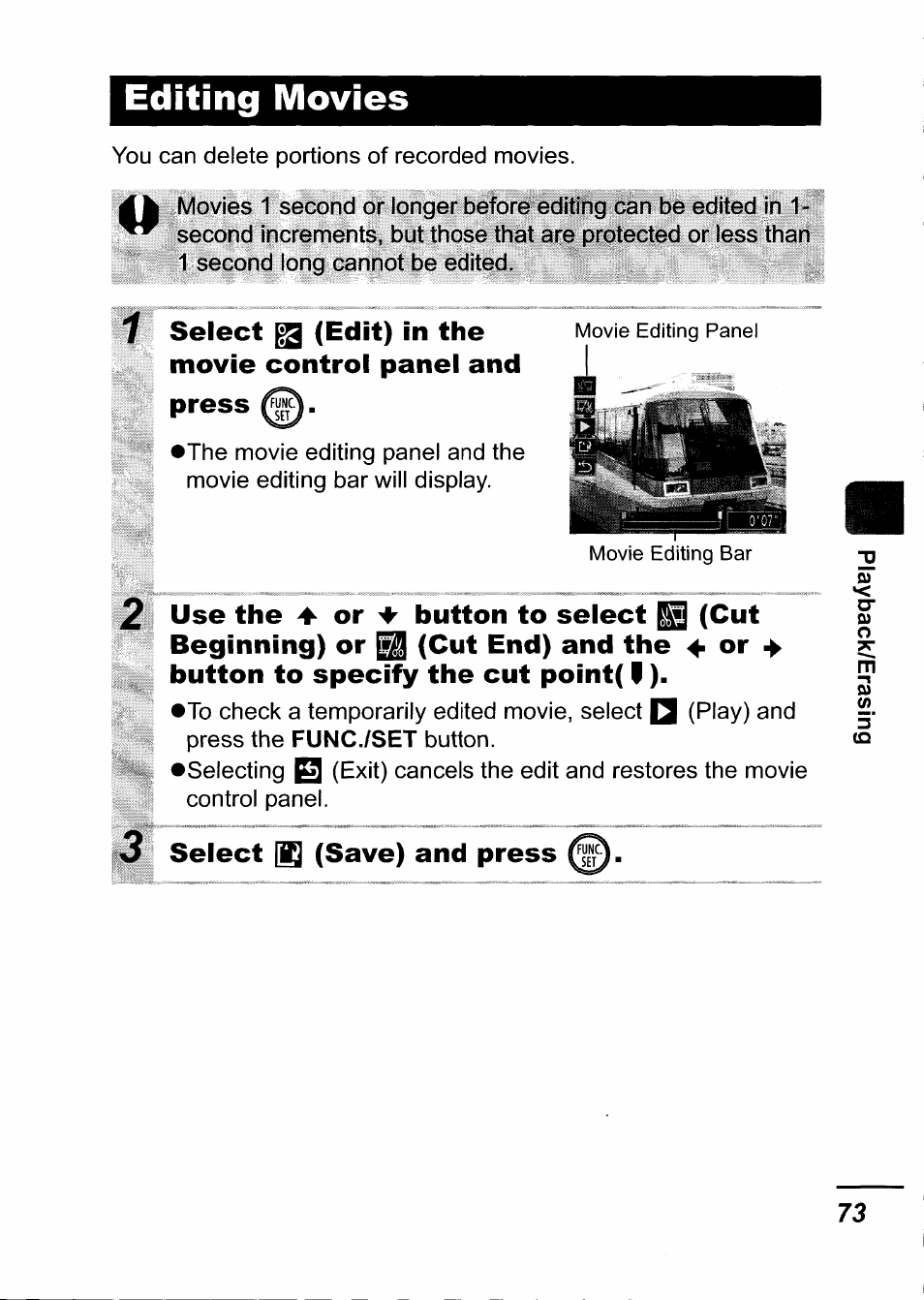 Editing movies, Select ^ (edit) in the movie control panel and, Press | 3 select (save) and press, Select (save) and press | Canon IXUS 750 User Manual | Page 75 / 126