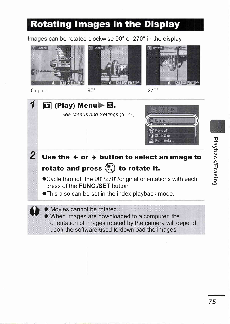 Rotating images in the display, G] (play) menu^ isi, Use the 4 or button to select an image to | Rotate and press to rotate it | Canon IXUS 750 User Manual | Page 77 / 126