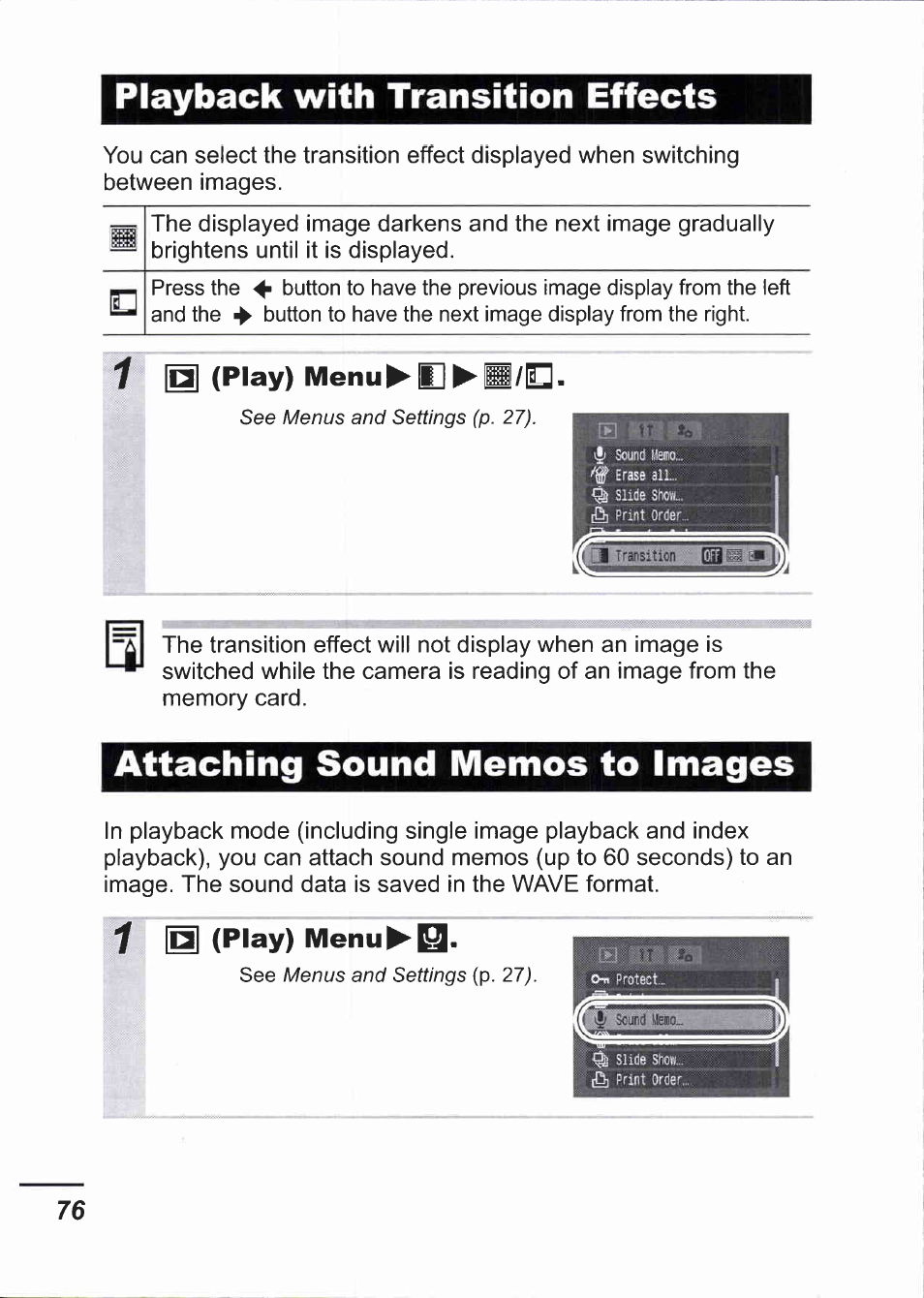 Playback with transition effects, 1 (play) menu^l, Attaching sound memos to images | Play) menu^q | Canon IXUS 750 User Manual | Page 78 / 126