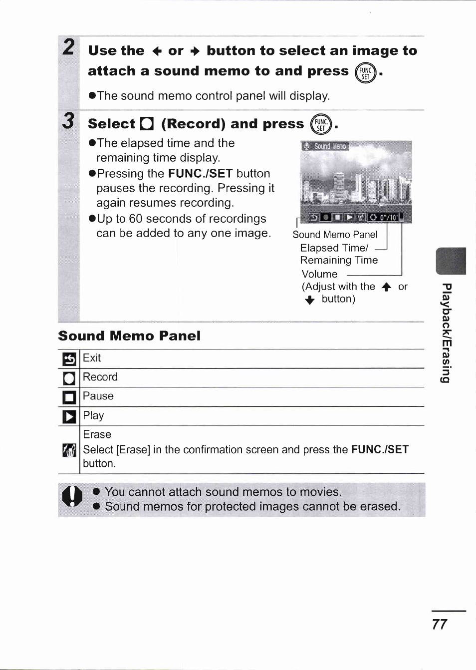 Select n (record) and press, Sound memo panel | Canon IXUS 750 User Manual | Page 79 / 126