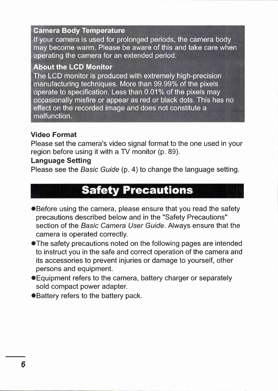 Safety precautions, About the lcd monitor, Video format | Language setting | Canon IXUS 750 User Manual | Page 8 / 126
