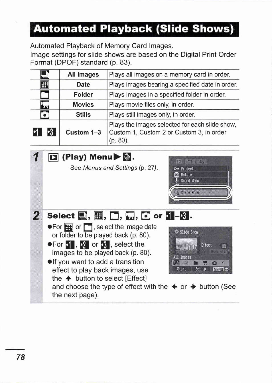 Automated playback (slide shows), Q (play) menu, Select | Iq> [3 or bl-h | Canon IXUS 750 User Manual | Page 80 / 126