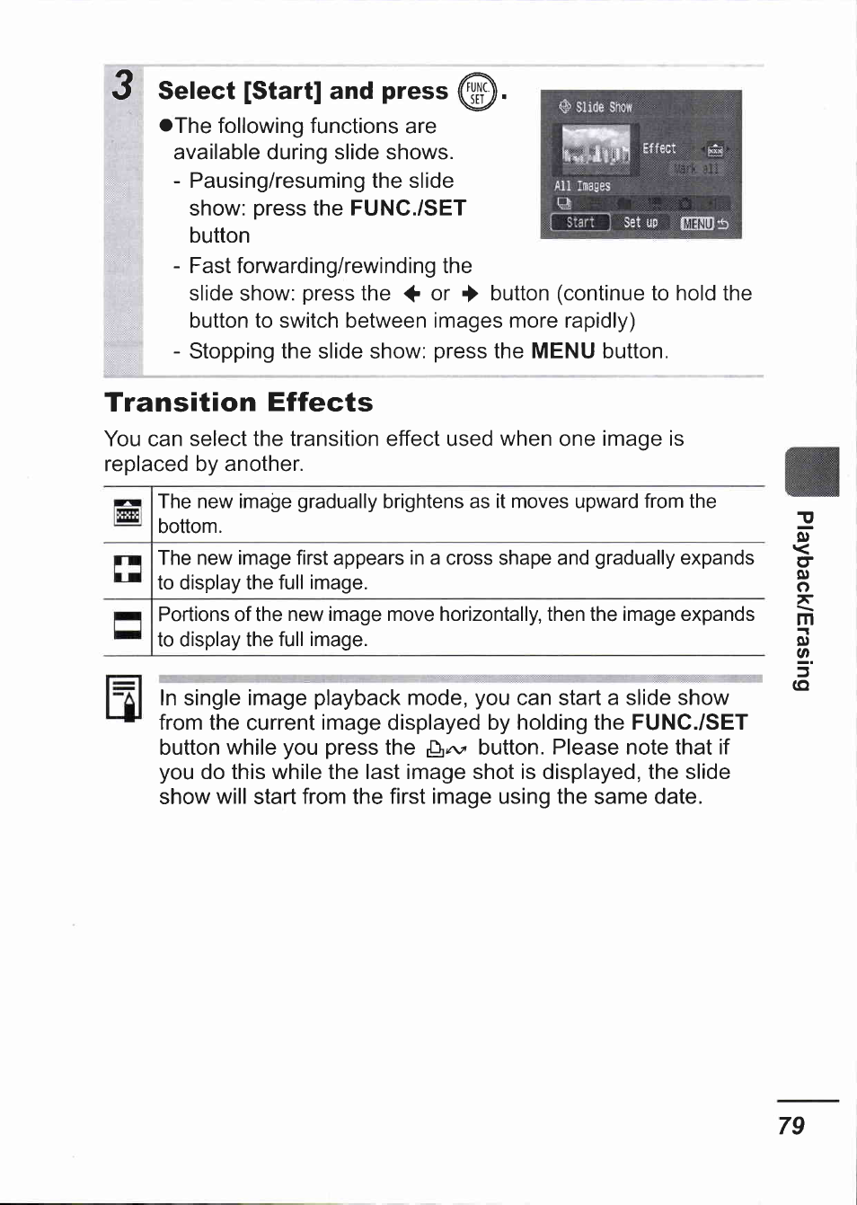 Select [start] and press, Transition effects | Canon IXUS 750 User Manual | Page 81 / 126