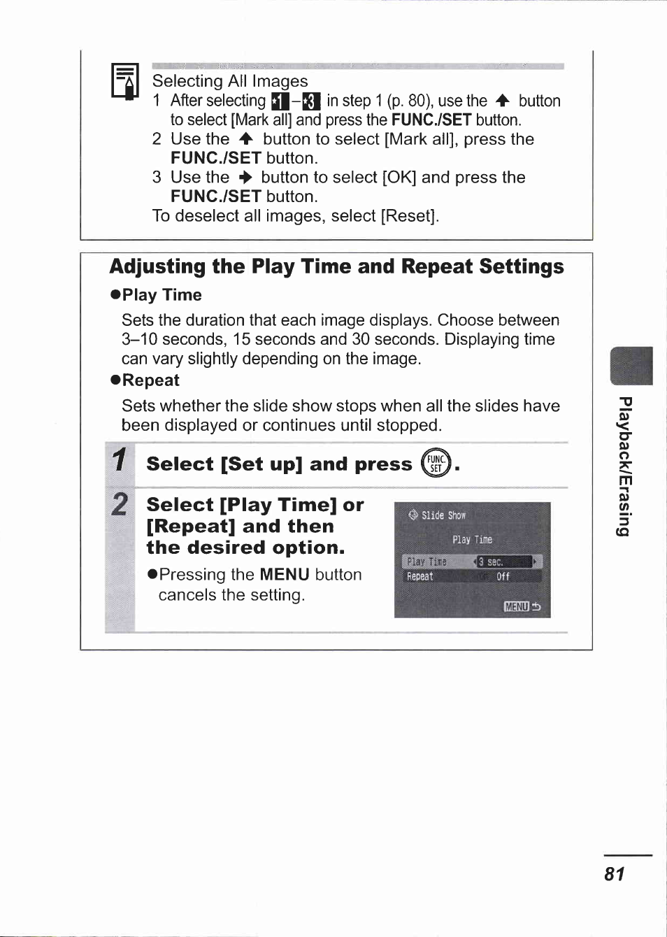 Adjusting the play time and repeat settings, Select [set up] and press | Canon IXUS 750 User Manual | Page 83 / 126