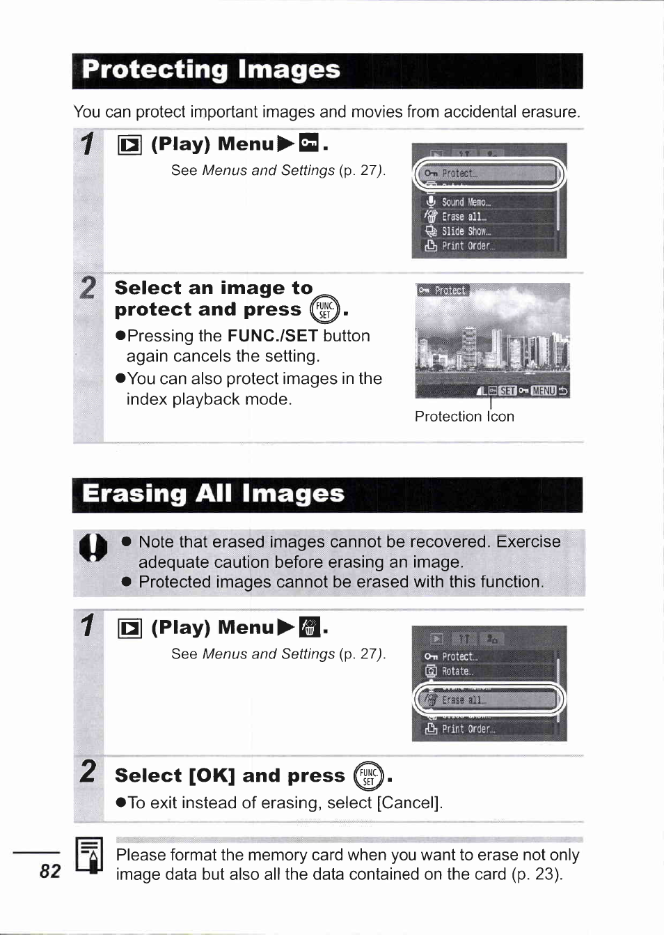 Protecting images, 1 (play) menu^q, 2 select an image to protect and press | Erasing ali images, 1 (play) menu^el, 2 select [ok] and press, Erasing all images, Erasing ali images 41, Select [ok] and press, 82 i | Canon IXUS 750 User Manual | Page 84 / 126