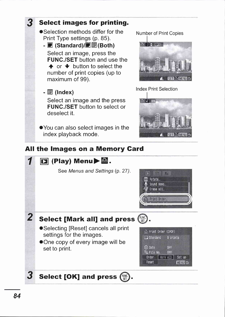 3 select images for printing, All the images on a memory card, 1 menu | Select [mark all] and press, Select [ok] and press, 3select images for printing, Select [ok] and press 84 | Canon IXUS 750 User Manual | Page 86 / 126