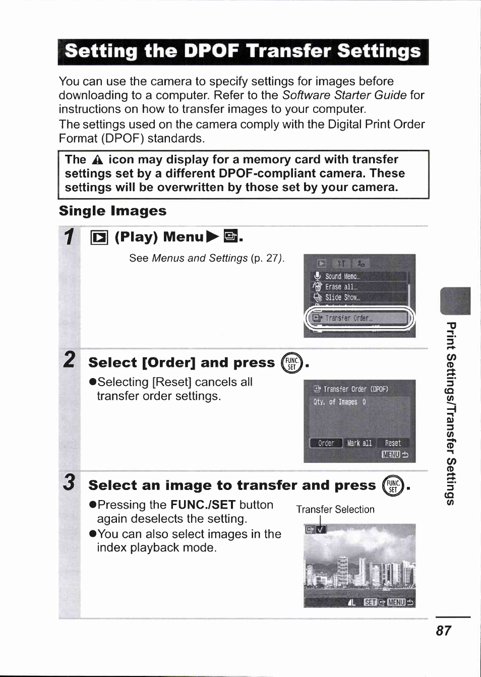 Setting the dpof transfer settings, Single images, 1 (play) menu^hs | 2 select [order] and press, Select an image to transfer and press, Play) menu^hs, Select [order] and press, Func./set | Canon IXUS 750 User Manual | Page 89 / 126