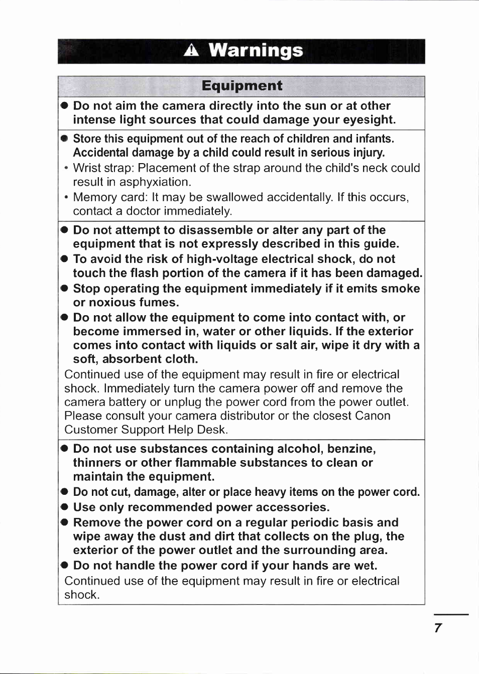 A warnings, Equipment, Warnings | Canon IXUS 750 User Manual | Page 9 / 126