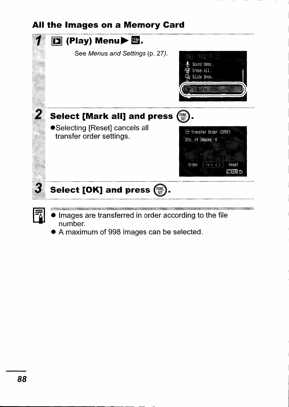 All the images on a memory card 1 (play) menuj^hi, 2 select [mark all] and press, Select [ok] and press | Canon IXUS 750 User Manual | Page 90 / 126