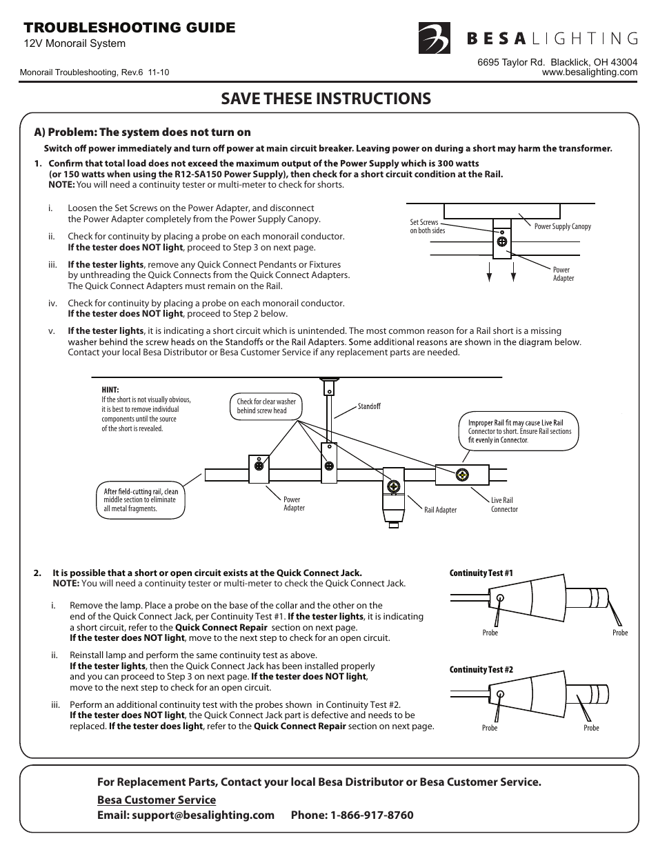 Save these instructions, Troubleshooting guide | Besa Lighting 8 Ft Monorail (Monorail 12V) User Manual | Page 3 / 4