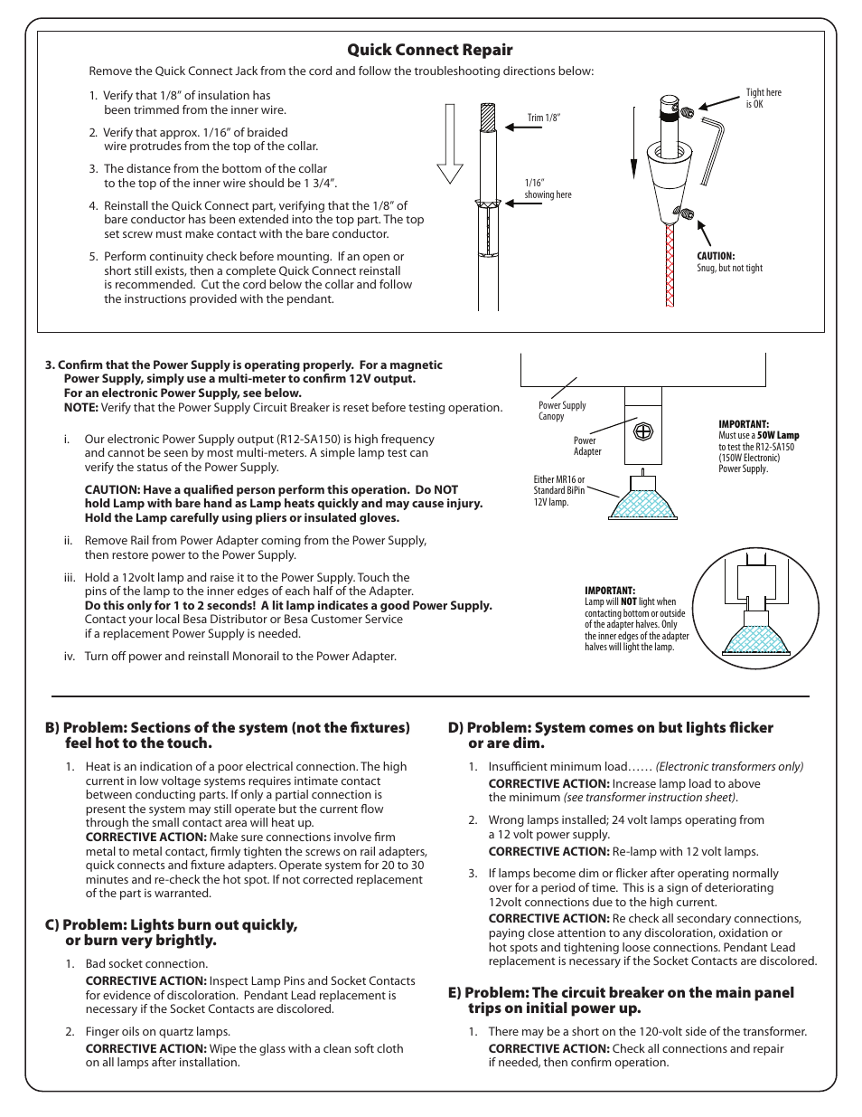 Monorail installation and troubleshooting, rev6, Monorail troubleshooting, rev6_pg4.pdf, Quick connect repair | Besa Lighting 8 Ft Monorail (Monorail 12V) User Manual | Page 4 / 4