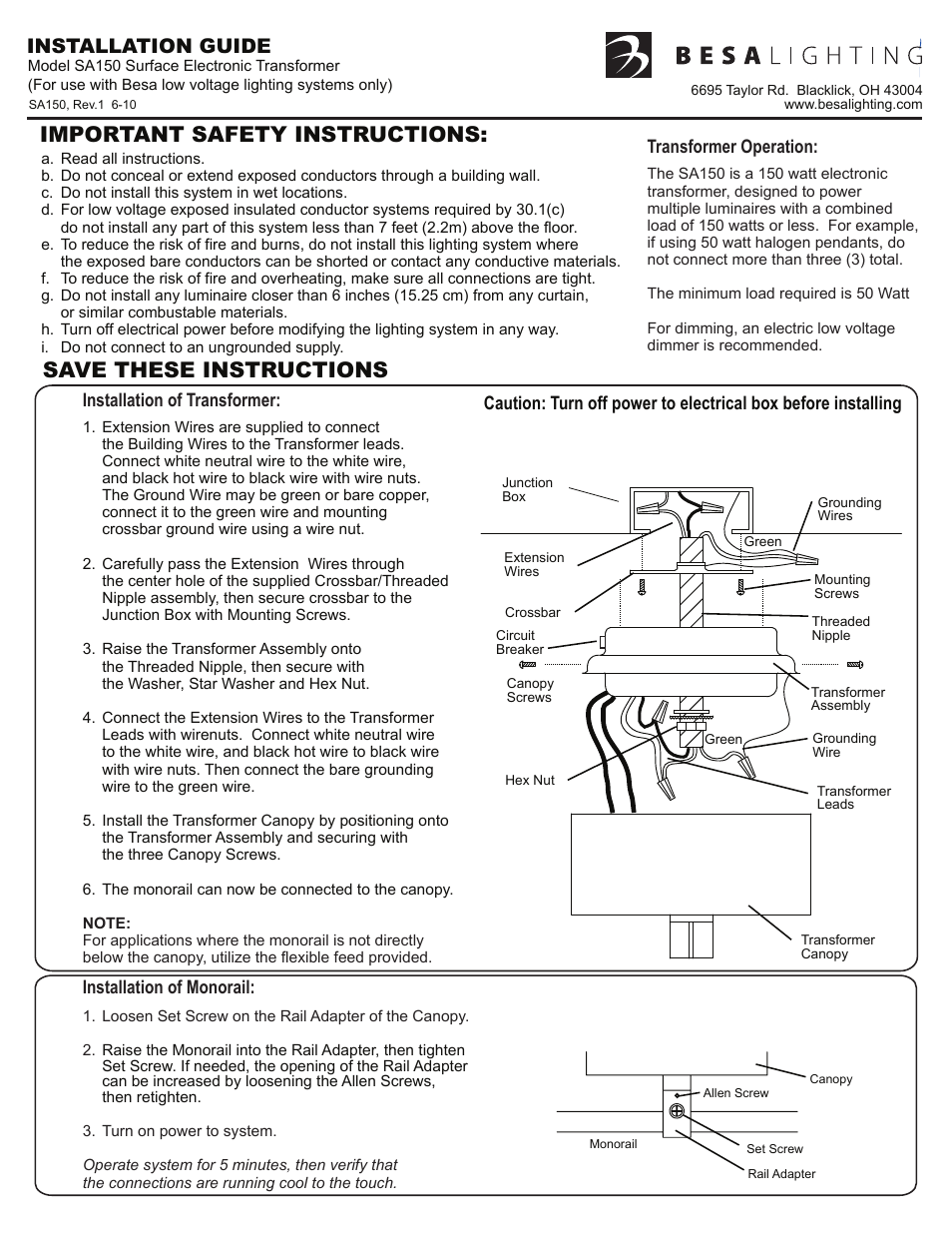Besa Lighting Surface Power Supply (Monorail Component) User Manual | 3 pages