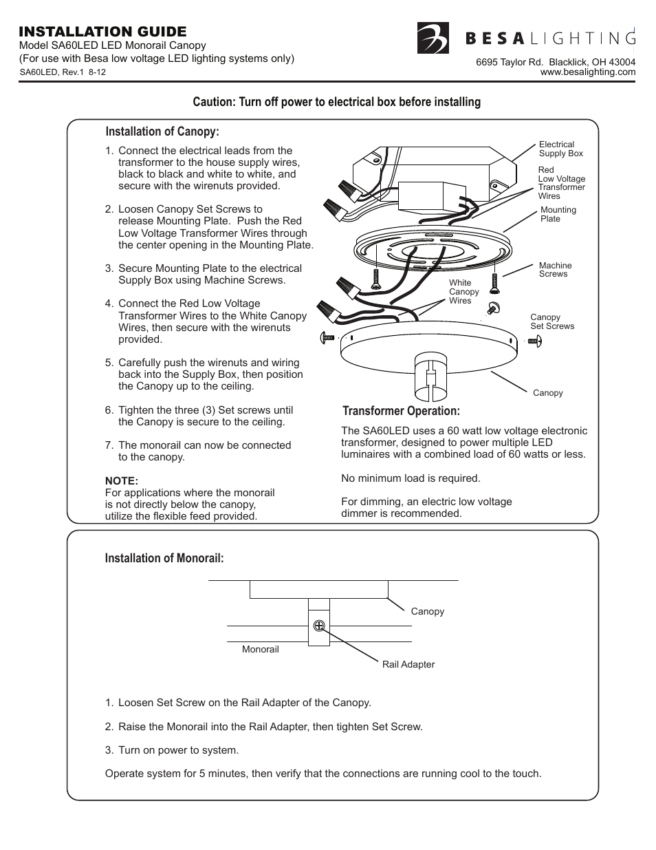 Sa60led, rev1, Installation guide, Installation of canopy | Installation of monorail, Transformer operation | Besa Lighting Surface Power Supply (Monorail Component) User Manual | Page 2 / 3