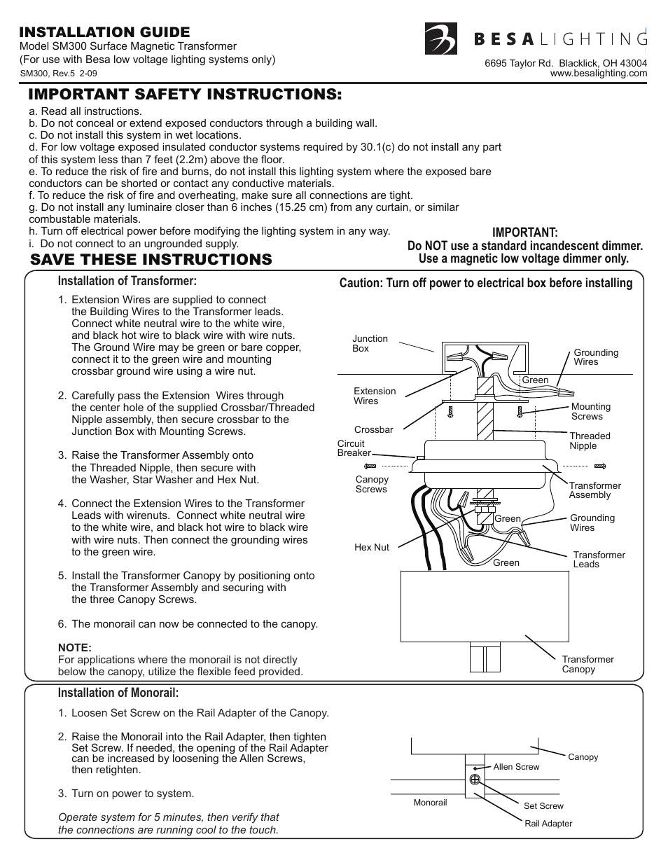 Sm300, rev5, Important safety instructions, Save these instructions | Installation guide | Besa Lighting Surface Power Supply (Monorail Component) User Manual | Page 3 / 3