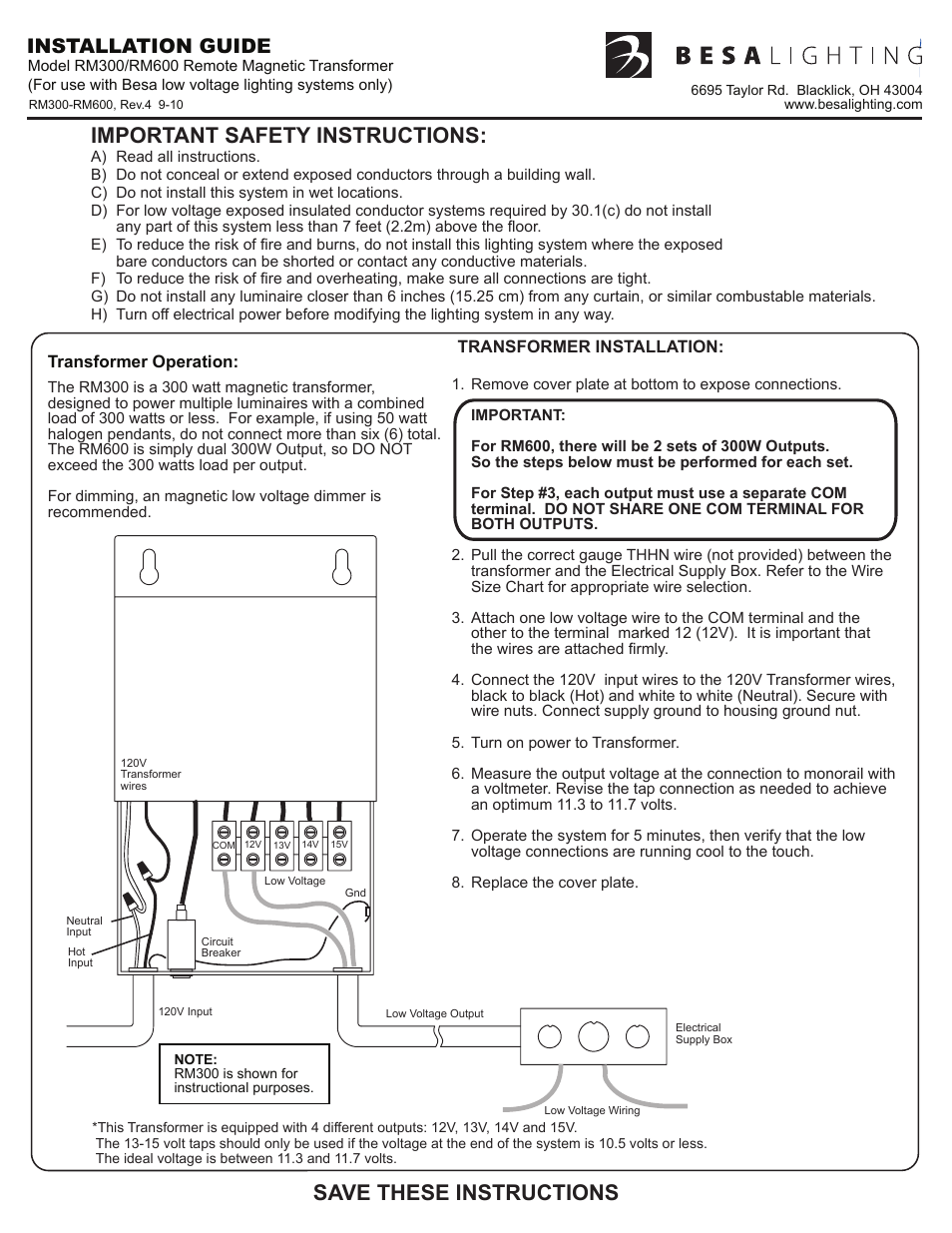 Besa Lighting Remote Transformer (Monorail Component) User Manual | 1 page