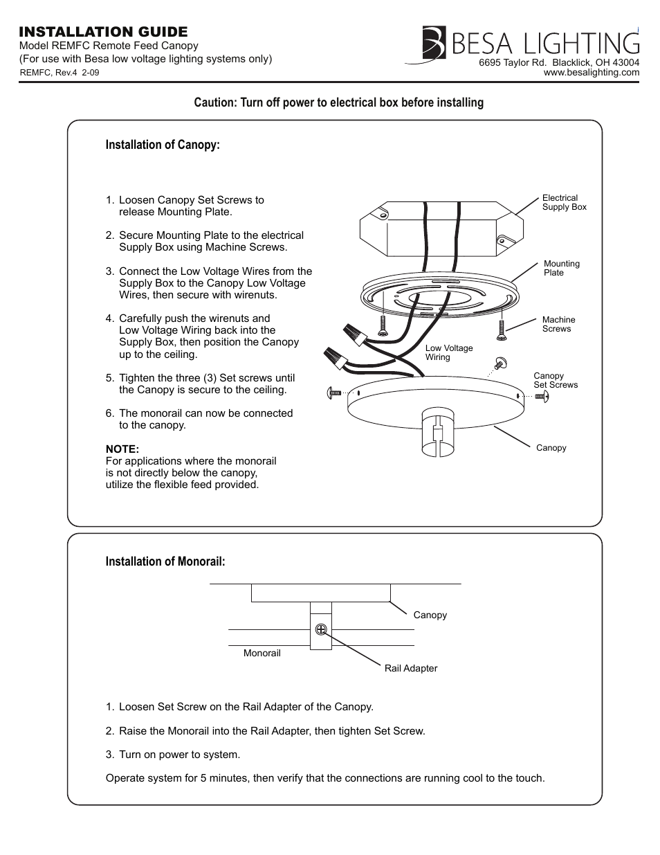 Besa Lighting Remote Canopy (Monorail Component) User Manual | 1 page