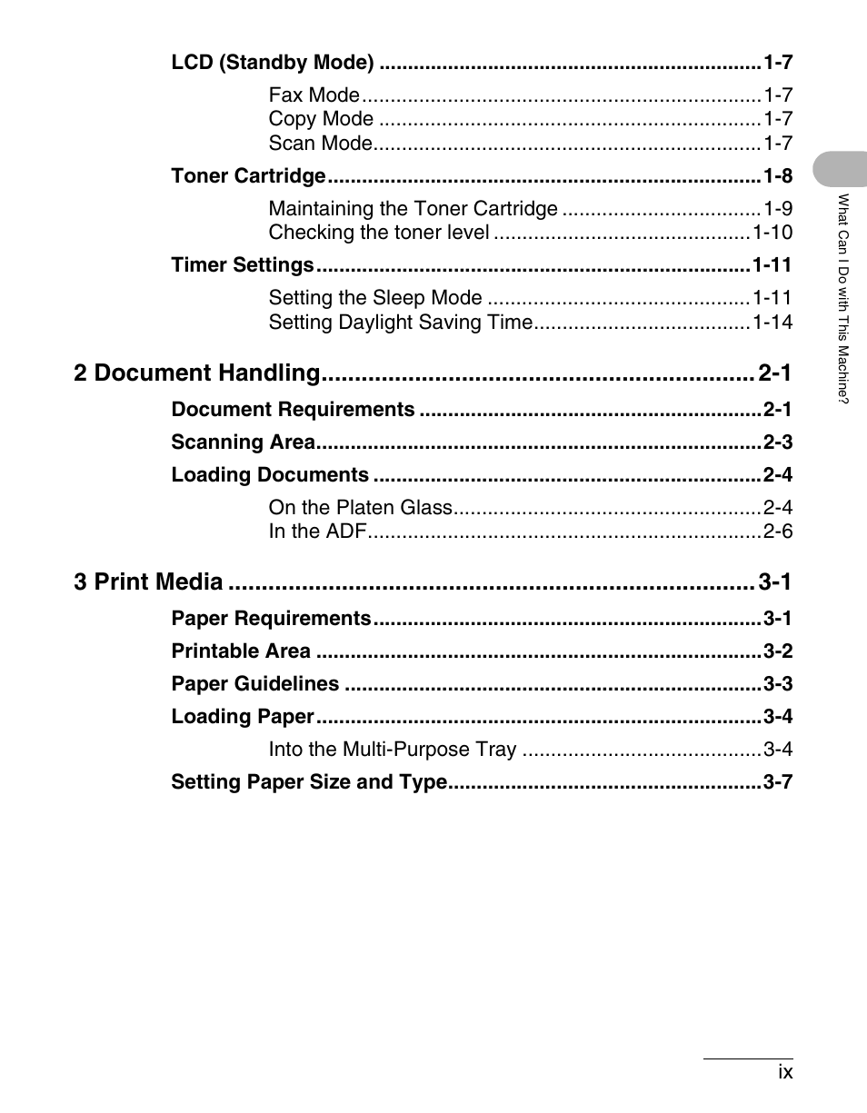 2 document handling -1, 3 print media -1 | Canon IMAGECLASS MF4150 User Manual | Page 10 / 175