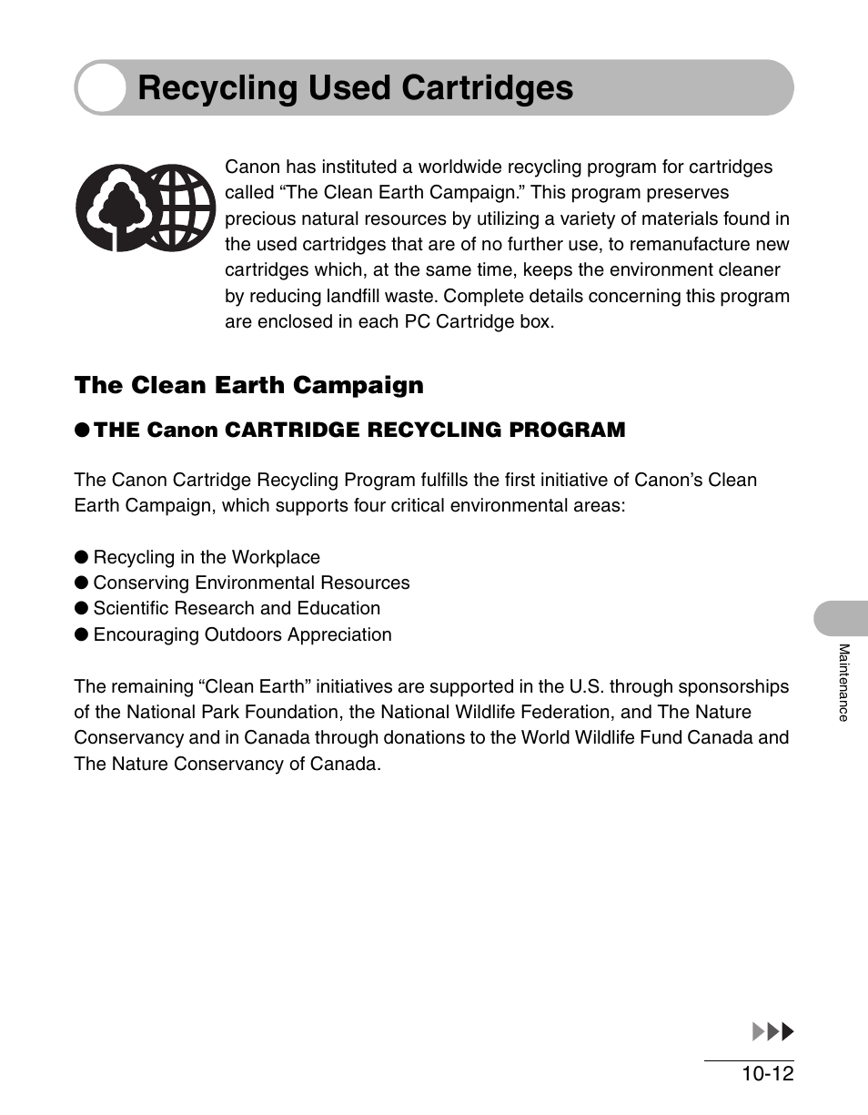 Recycling used cartridges, The clean earth campaign, Recycling used cartridges -12 | The clean earth campaign -12 | Canon IMAGECLASS MF4150 User Manual | Page 119 / 175