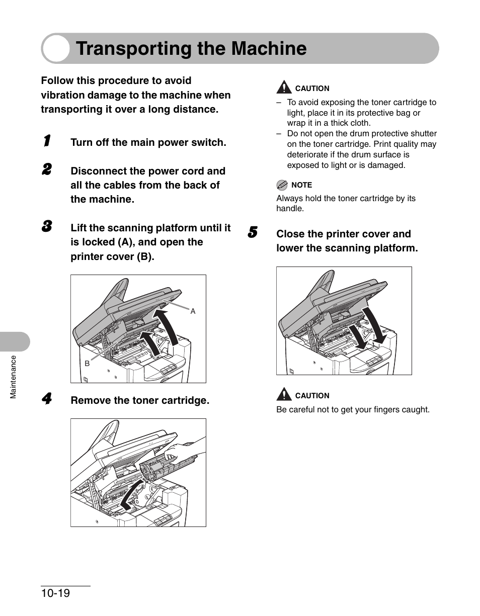 Transporting the machine, Transporting the machine -19 | Canon IMAGECLASS MF4150 User Manual | Page 126 / 175
