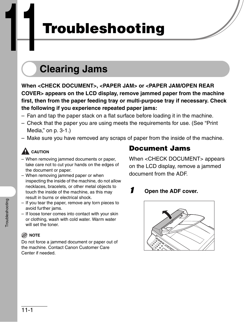 Troubleshooting, Clearing jams, Document jams | 11 troubleshooting -1, Clearing jams -1, Document jams -1 | Canon IMAGECLASS MF4150 User Manual | Page 129 / 175