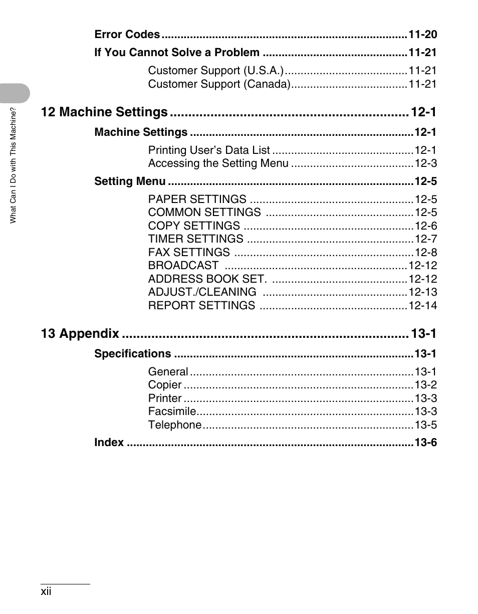 12 machine settings -1, 13 appendix -1 | Canon IMAGECLASS MF4150 User Manual | Page 13 / 175