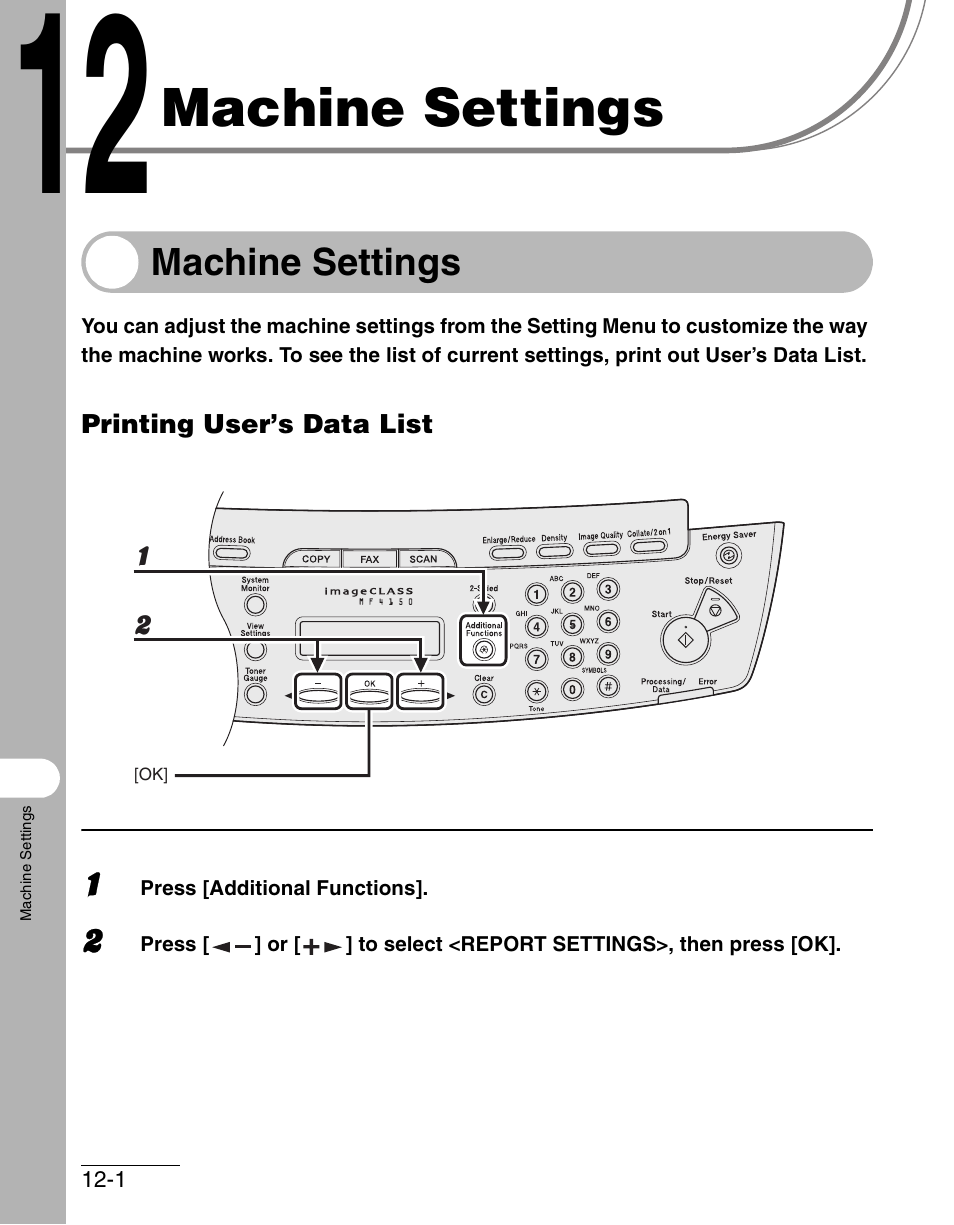 Machine settings, Printing user’s data list, 12 machine settings -1 | Machine settings -1, Printing user’s data list -1 | Canon IMAGECLASS MF4150 User Manual | Page 151 / 175