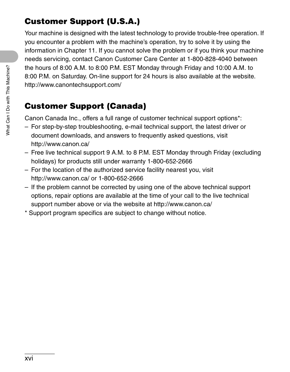 Customer support (u.s.a.), Customer support (canada) | Canon IMAGECLASS MF4150 User Manual | Page 17 / 175