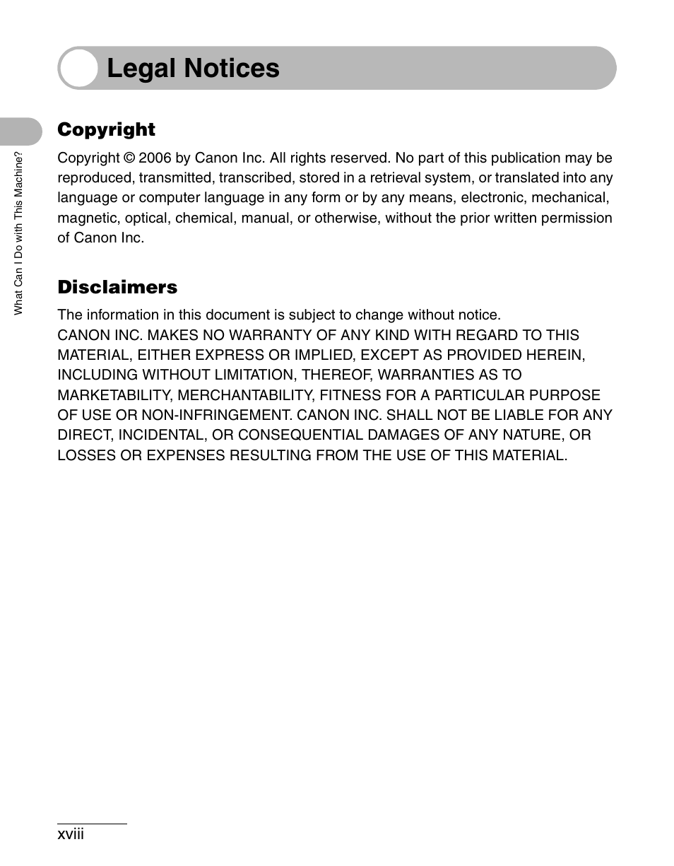 Legal notices, Copyright, Disclaimers | Xviii | Canon IMAGECLASS MF4150 User Manual | Page 19 / 175