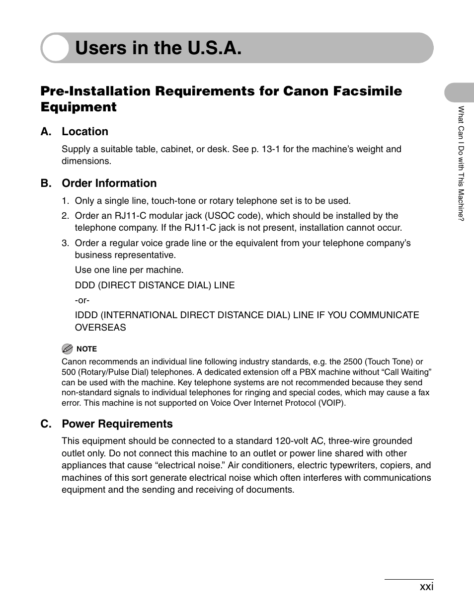 Users in the u.s.a, A. location, B. order information | C. power requirements | Canon IMAGECLASS MF4150 User Manual | Page 22 / 175