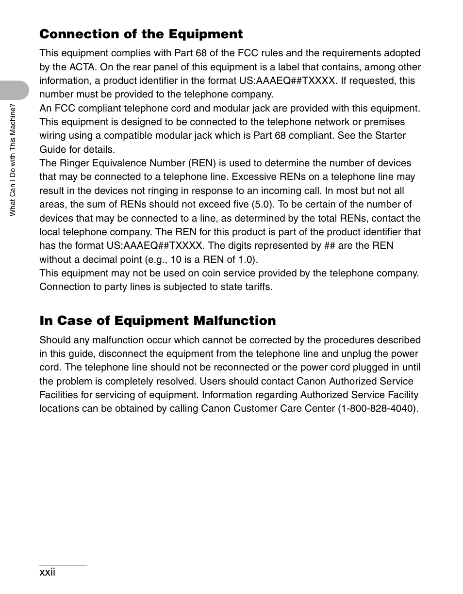 Connection of the equipment, In case of equipment malfunction, Xxii | Canon IMAGECLASS MF4150 User Manual | Page 23 / 175