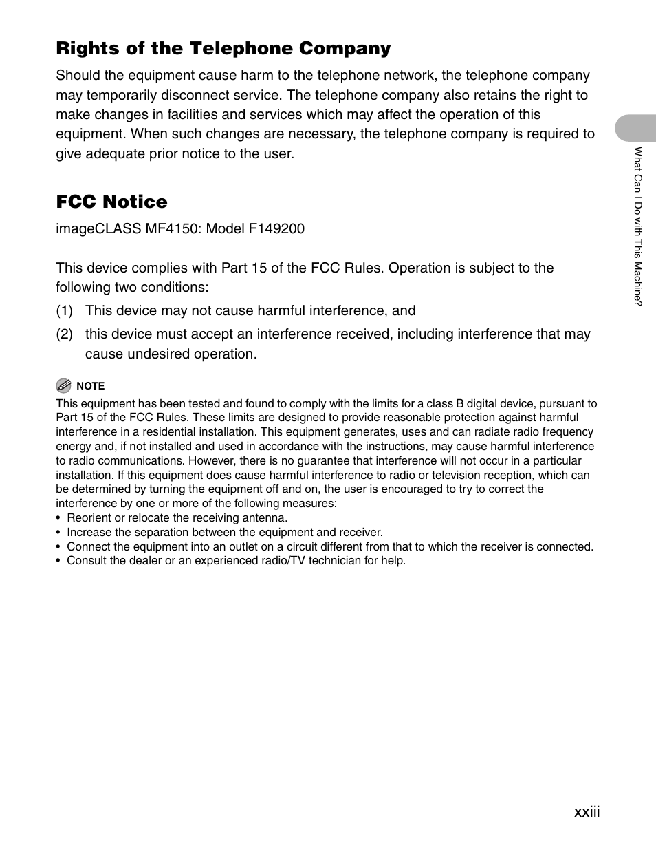 Rights of the telephone company, Fcc notice, Xxiii | Canon IMAGECLASS MF4150 User Manual | Page 24 / 175