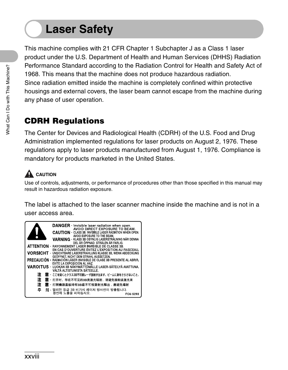 Laser safety, Cdrh regulations, Xxviii | Canon IMAGECLASS MF4150 User Manual | Page 29 / 175