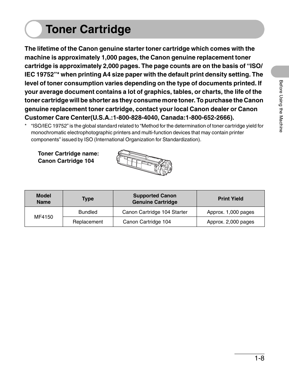 Toner cartridge, Toner cartridge -8 | Canon IMAGECLASS MF4150 User Manual | Page 37 / 175